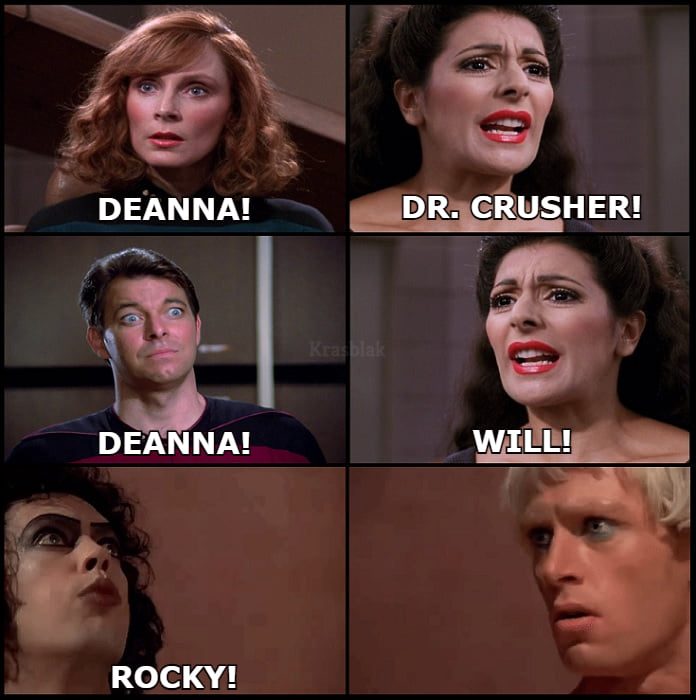 The meme is a still image from the TV show Star Trek: The Next Generation, featuring a character named Deanna Troi, played by actress Marina Sirtis, with a shocked expression. The image is captioned with the phrase "Deanna, I'm... happy for you, but this is Trekkie... not Trek... " followed by "Deanna: I am... what I am" and then "Deanna: I am... Trekkie...".